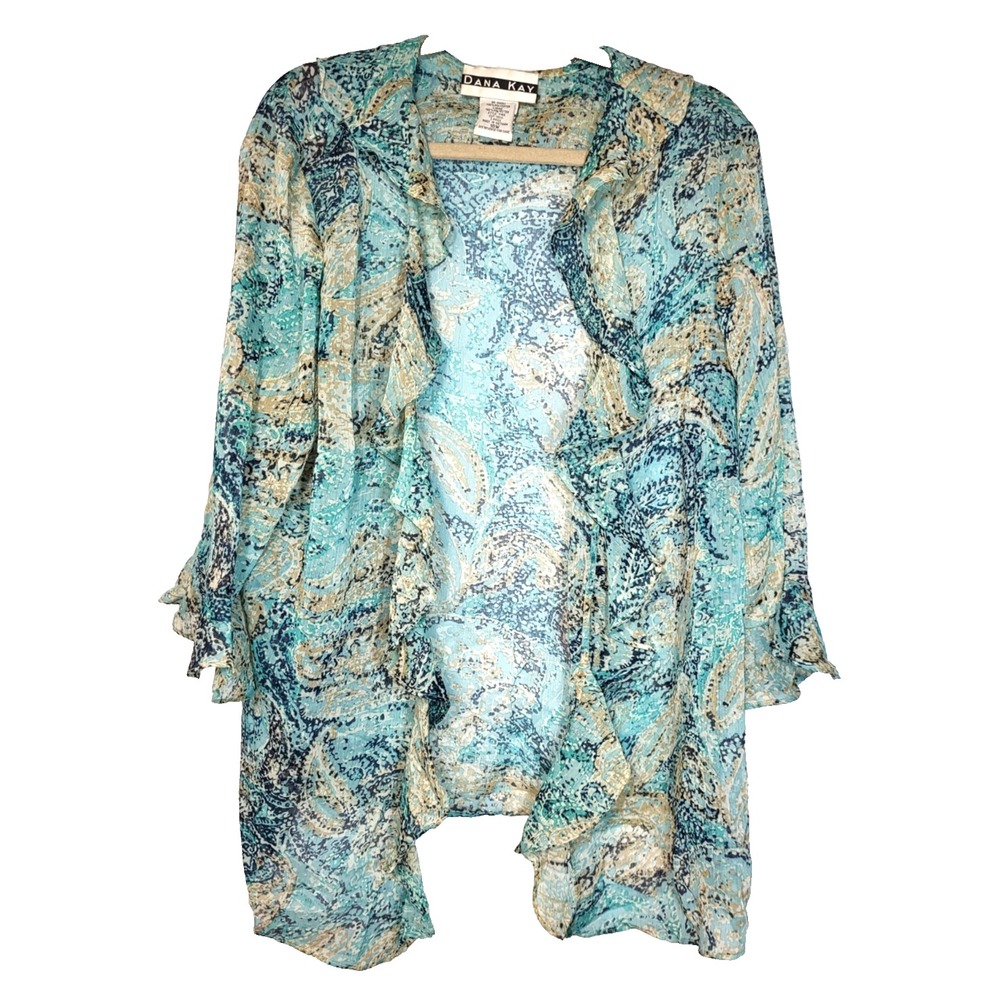 Dana Kay 2 pc Blue Abstract Open Sheer Ruffle Front & Sleeve Jacket‎ w/Top 18W
